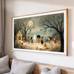 Whimsical vintage Halloween scene with children and a friendly ghost, styled as charming trick-or-treat art for Samsung Frame TV.