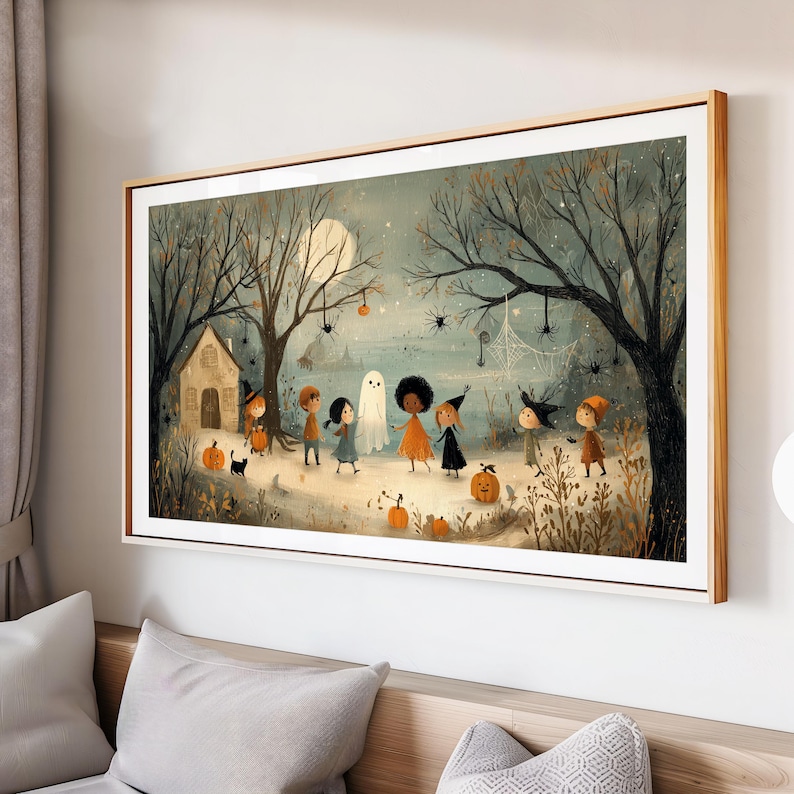 Whimsical vintage Halloween scene with children and a friendly ghost, styled as charming trick-or-treat art for Samsung Frame TV.