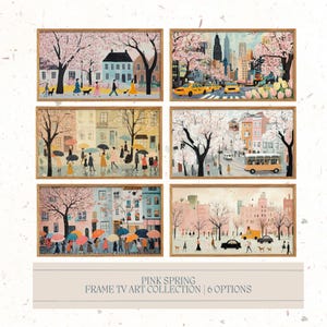 Peut inclure: Six illustrations encadrées de paysages urbains avec des cerisiers en fleurs. Chaque illustration présente une scène différente, notamment des personnes qui marchent, des voitures qui roulent et un tramway jaune. Les illustrations sont toutes dans un style similaire, avec une esthétique fantaisiste et colorée. Le texte "PINK SPRING FRAME TV ART COLLECTION | 6 OPTIONS" est en bas de l'image.