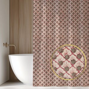 May include: A patterned shower curtain with a repeating design of stylized flowers in shades of red, brown, and cream. The curtain is hanging in front of a white bathtub and a wooden wall. The design is visible in a close-up view.