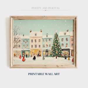 Snowy Christmas Village Art Print: Winter Farmhouse Decor (Digital Download)
