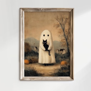 May include: A framed print with a vintage aesthetic, depicting a ghost figure in a white sheet, holding a black cat. The backdrop includes a rural scene with pumpkins, trees, and houses, creating a Halloween atmosphere.