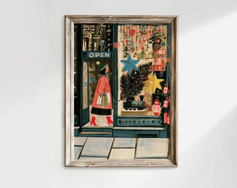 May include: A framed art print depicting a storefront with an OPEN sign. A figure in a red coat and red boots walks out carrying shopping bags. The window display features a blue star, a pine branch, a toy train, and a nesting doll.