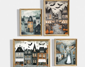 May include: Four printable Halloween illustrations featuring a spooky town with houses, shops, and streetlights. The illustrations are in a watercolor style with a muted color palette of grays, blacks, and oranges. The illustrations are perfect for adding a touch of Halloween charm to your home decor.