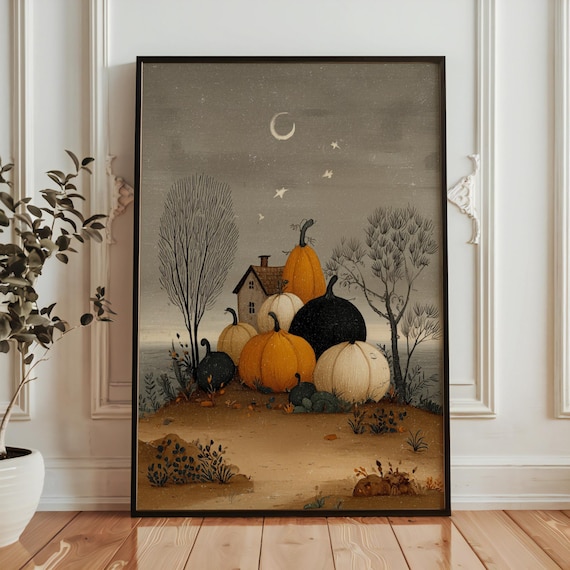 Whimsical Pumpkin Printable Wall Art Cute Pastel Autumnal Painting Pumpkin Vintage Inspired Farmhouse Fall Home Decor Digital Download