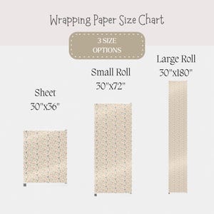 May include: A wrapping paper size chart showing three options: a sheet (76cm x 91cm), a small roll (76cm x 183cm), and a large roll (76cm x 457cm). The paper has a cream background with a floral design. The text "Wrapping Paper Size Chart" is at the top.