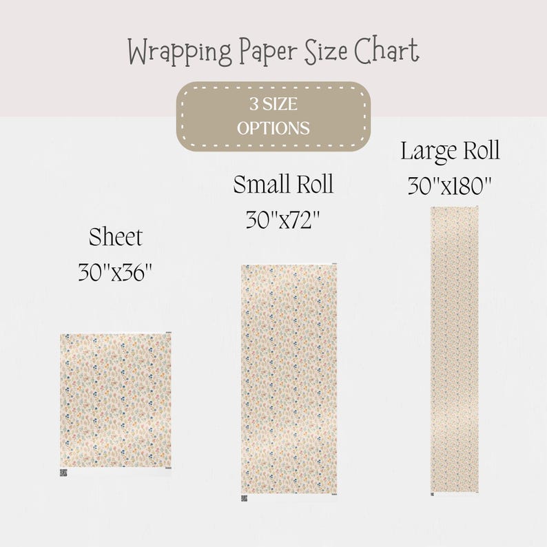 May include: A wrapping paper size chart showing three options: a sheet (76cm x 91cm), a small roll (76cm x 183cm), and a large roll (76cm x 457cm). The paper has a cream background with a floral design. The text "Wrapping Paper Size Chart" is at the top.