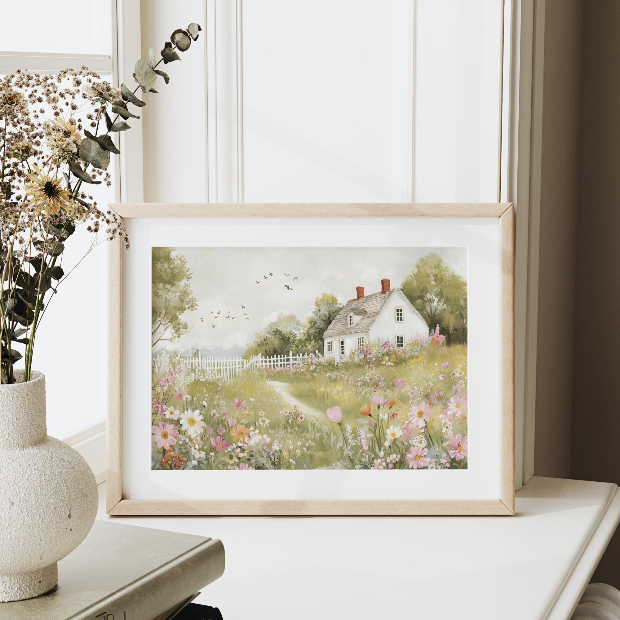 Rustic Country Cottage Printable Wall Art Vintage Wildflower Field ...