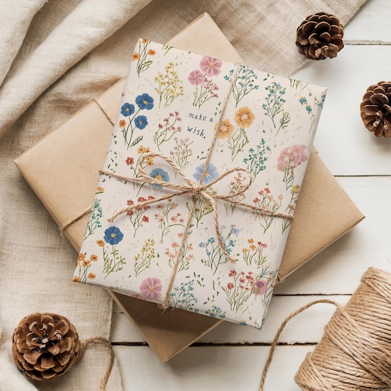 Floral Birthday Wrapping Paper Cute  Make a Wish Gift Wrap Present Packaging Material Anniversary Craft Supplies  Special Occasion Decor
