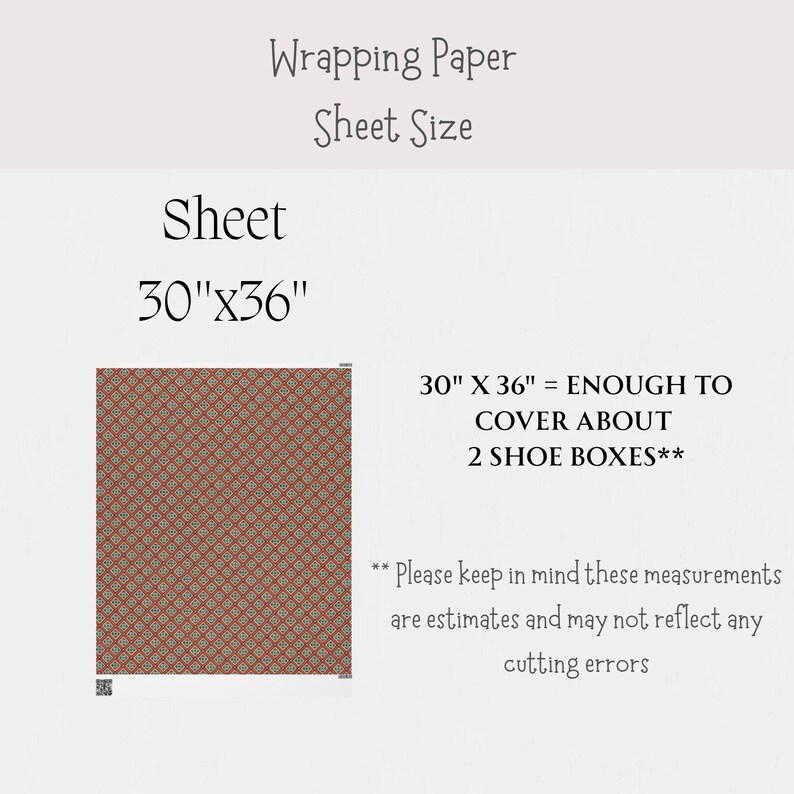 May include: A rectangular sheet of wrapping paper measuring 30 inches by 36 inches with a repeating geometric pattern in red, black, and white. The text states the sheet size is 30 inches by 36 inches and covers about 2 shoe boxes.