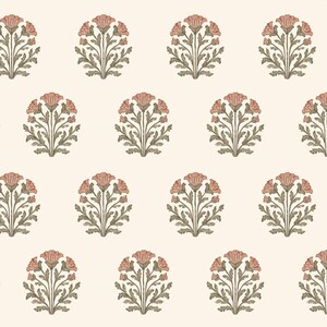 May include: A repeating pattern of stylized floral bouquets in shades of muted rose and olive green. The flowers have multiple petals and are arranged in a symmetrical design on a cream-colored background. The leaves are detailed and add to the overall elegance.