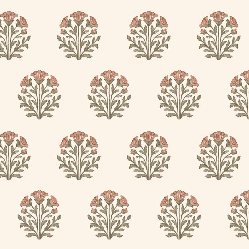 May include: A repeating pattern of stylized floral bouquets in shades of muted rose and olive green. The flowers have multiple petals and are arranged in a symmetrical design on a cream-colored background. The leaves are detailed and add to the overall elegance.