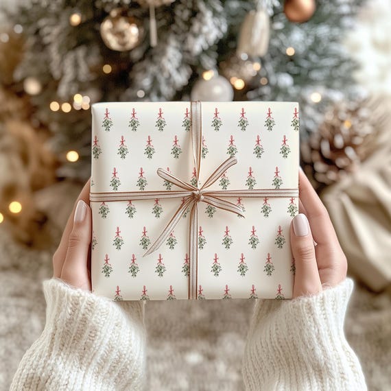 Vintage Mistletoe Christmas Wrapping Paper Small Scale Classic Holiday Pattern Gift Wrap Festive Winter Season Gift Packaging Supplies