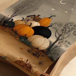 May include: An autumnal illustration depicting pumpkins in shades of orange, white, black, and tan. A small house with a brown roof is in the background, with a crescent moon and stars in the sky. The pumpkins are arranged on a hillside, evoking a harvest scene.