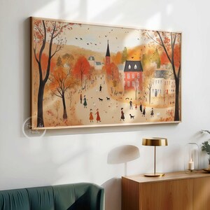 K&ouml;nnte beinhalten: Ein Gem&auml;lde einer kleinen Herbststadt mit einem roten Kirchengeb&auml;ude im Zentrum. Die B&auml;ume sind alle in Orange-, Gelb- und Rott&ouml;nen gehalten, und Menschen gehen auf dem Marktplatz herum. Es sind auch mehrere Hunde auf dem Bild zu sehen.