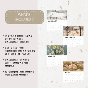 May include: A set of printable calendar sheets featuring twelve monthly artworks. The text reads: WHAT'S INCLUDED? INSTANT DOWNLOAD OF PRINTABLE CALENDAR SHEETS, DESIGNED FOR PRINTING ON A4 OR US LETTER SIZE PAPER, CALENDAR STARTS WITH SUNDAY OR MODAY, 12 UNIQUE ARTWORKS FOR EACH MONTH. January, February, March, and April pages are shown.