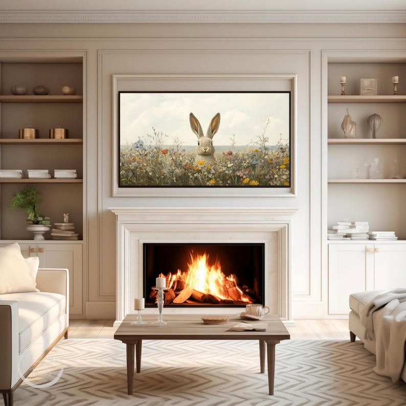 K&ouml;nnte beinhalten: Ein wei&szlig;es Kaninchen sitzt in einem Feld voller Wildblumen und blickt direkt in die Kamera. Das Bild ist an einer Wand &uuml;ber einem Kamin mit einem knisternden Feuer gerahmt.