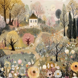 May include: An artistic landscape painting featuring a quaint white cottage nestled among colorful trees and flowers. The artwork showcases a serene scene with a soft color palette of yellows, pinks, and greens, evoking a sense of tranquility and nature.