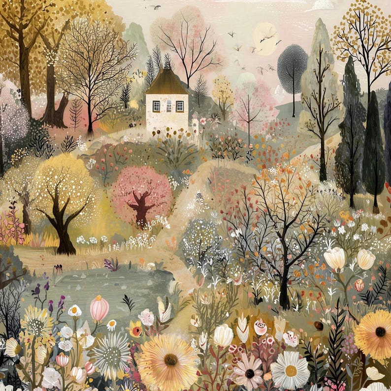 May include: An artistic landscape painting featuring a quaint white cottage nestled among colorful trees and flowers. The artwork showcases a serene scene with a soft color palette of yellows, pinks, and greens, evoking a sense of tranquility and nature.