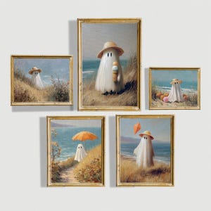 Beach Halloween Printable Wall Art Bundle Coastal Halloween Home Decor Cute Ghost Poster Beach Vibe Seaside Halloween Digital Painting