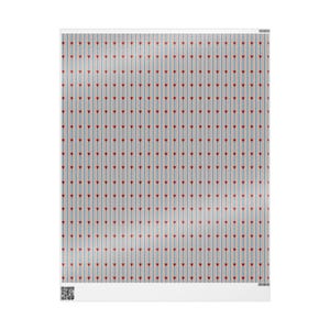 May include: A white background with a repeating pattern of vertical stripes in light blue, red, and beige. Small red hearts are evenly spaced along the stripes. The overall design is a repeating pattern.