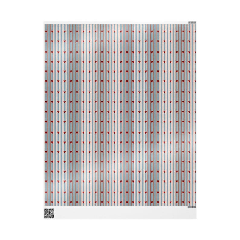 May include: A white background with a repeating pattern of vertical stripes in light blue, red, and beige. Small red hearts are evenly spaced along the stripes. The overall design is a repeating pattern.