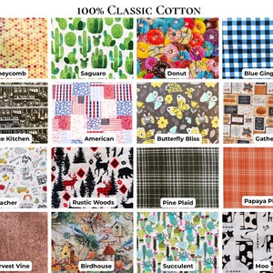 May include: A collection of sixteen fabric swatches labeled 100% Classic Cotton, featuring diverse patterns including honeycomb, saguaro cacti, colorful donuts, blue gingham, kitchen tools, American flags, butterflies, pumpkins, school supplies, deer, plaid, and cows.