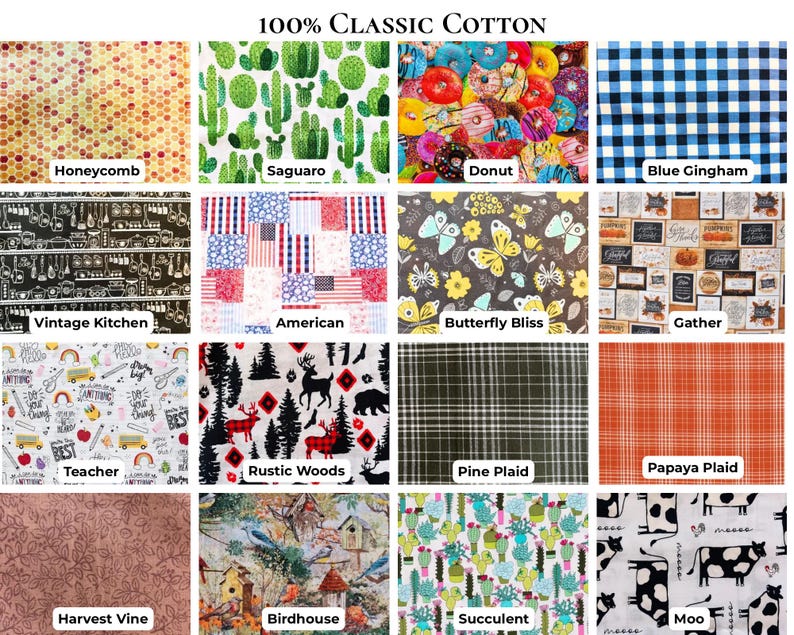 May include: A collection of sixteen fabric swatches labeled 100% Classic Cotton, featuring diverse patterns including honeycomb, saguaro cacti, colorful donuts, blue gingham, kitchen tools, American flags, butterflies, pumpkins, school supplies, deer, plaid, and cows.