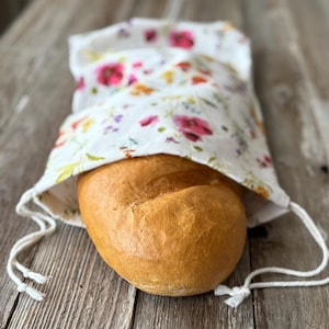 Farmhouse Linen French Bread Bag--Fully Infused Beeswax Fabric--10x19" Drawstring Reusable Storage