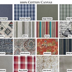 May include: A grid of sixteen 100% cotton canvas fabric swatches labeled Harbor Stripe, Harbor Plaid, Sage Stripe, Sage Plaid, Aztec, Olive, Mesa, Tea, Canyon, Southwest, Western, Navy Mill, Natural, Barn Plaid, Oat Scroll, and Khaki.
