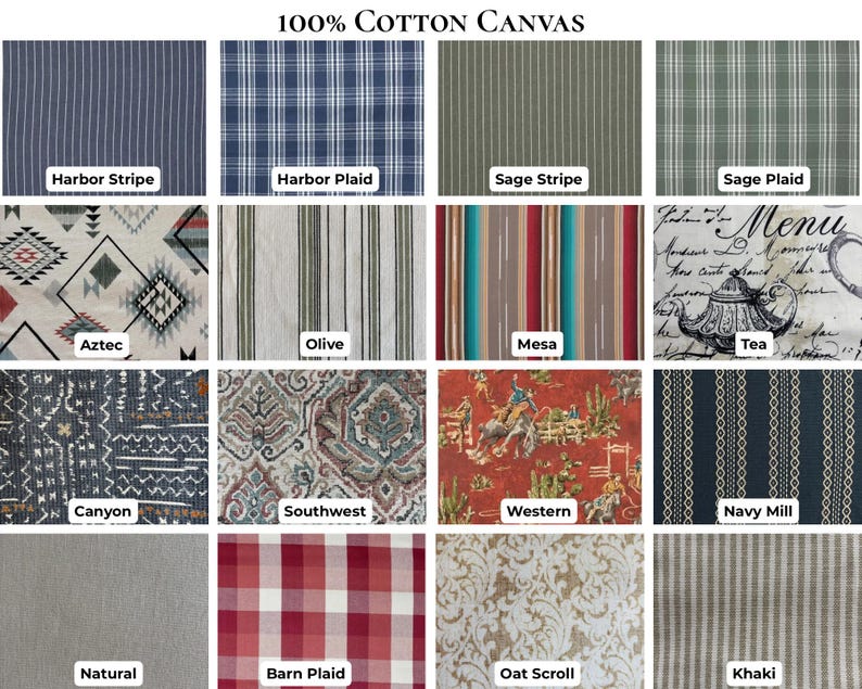 May include: A grid of sixteen 100% cotton canvas fabric swatches labeled Harbor Stripe, Harbor Plaid, Sage Stripe, Sage Plaid, Aztec, Olive, Mesa, Tea, Canyon, Southwest, Western, Navy Mill, Natural, Barn Plaid, Oat Scroll, and Khaki.