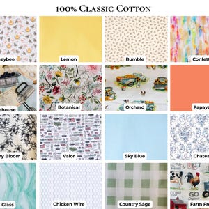 May include: A grid of 100% Classic Cotton fabric swatches featuring various patterns including honeybees, lemons, confetti, botanical florals, orchard trucks, solid papaya, country blooms, patriotic valor, sky blue, chateau, sea glass, chicken wire, country sage, and farm fresh prints.