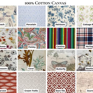 May include: A grid of sixteen 100% cotton canvas fabric swatches featuring various patterns including nautical beach motifs, blue porcelain prints, floral cottage rose, paisley, colorful stripes, plaid, blossoms, coral, butterflies, beehives, and maps.
