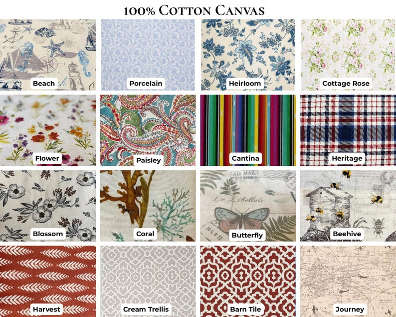 May include: A grid of sixteen 100% cotton canvas fabric swatches featuring various patterns including nautical beach motifs, blue porcelain prints, floral cottage rose, paisley, colorful stripes, plaid, blossoms, coral, butterflies, beehives, and maps.