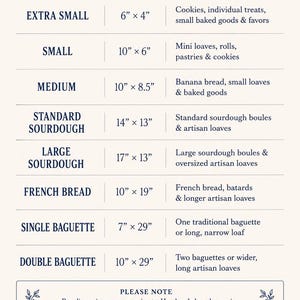 May include: A cream-colored fabric bread bag size guide chart with dark blue text. It lists sizes from extra small at 6 by 4 inches to double baguette at 10 by 29 inches, including categories for cookies, loaves, and baguettes with floral accents.