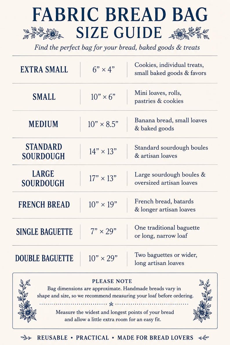 May include: A cream-colored fabric bread bag size guide chart with dark blue text. It lists sizes from extra small at 6 by 4 inches to double baguette at 10 by 29 inches, including categories for cookies, loaves, and baguettes with floral accents.