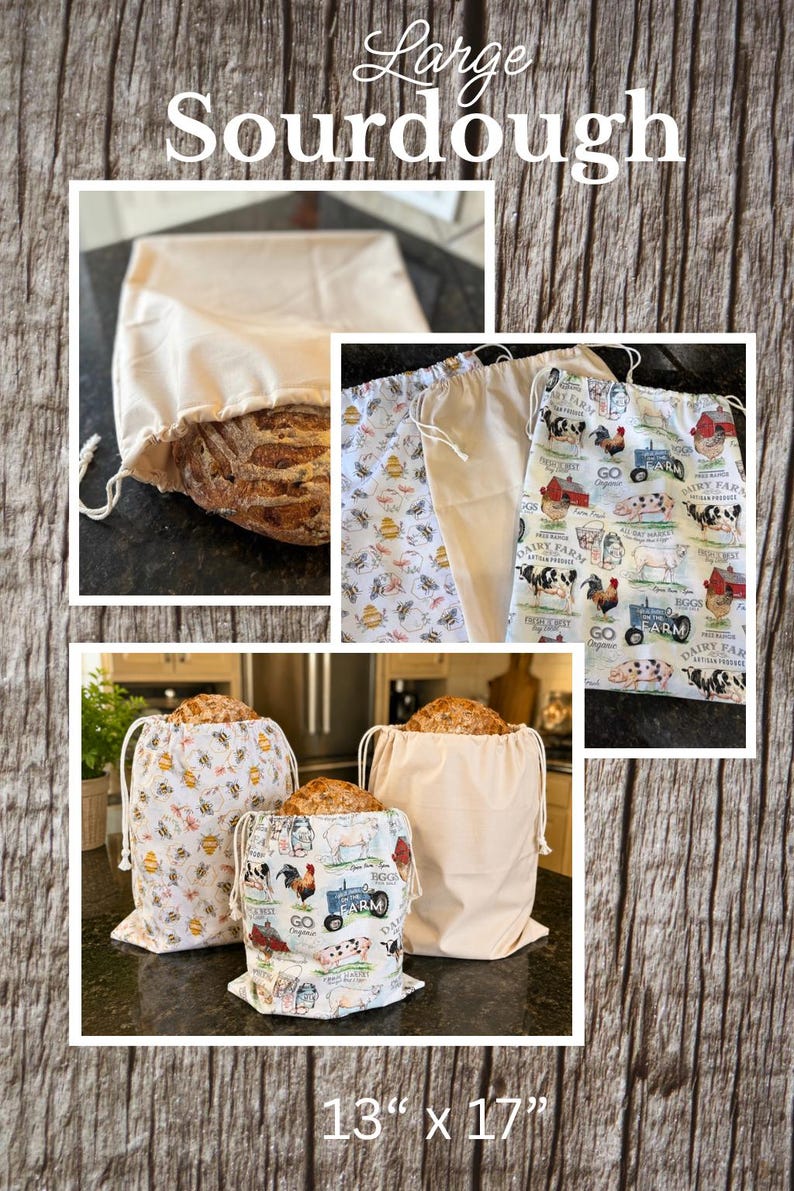 May include: A collection of fabric drawstring bags for bread, measuring 13 inches by 17 inches. The bags feature solid beige fabric or patterns with bees, honeycombs, or farm animals like cows, pigs, and chickens. Each bag holds a loaf of sourdough bread.