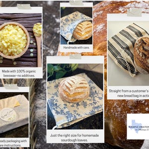 May include: A collection of fabric bread bags featuring blue floral and black striped patterns, shown with sourdough loaves. Includes yellow beeswax pellets in a wooden bowl, gift-ready packaging with a Budaful Creations label, and text overlays.