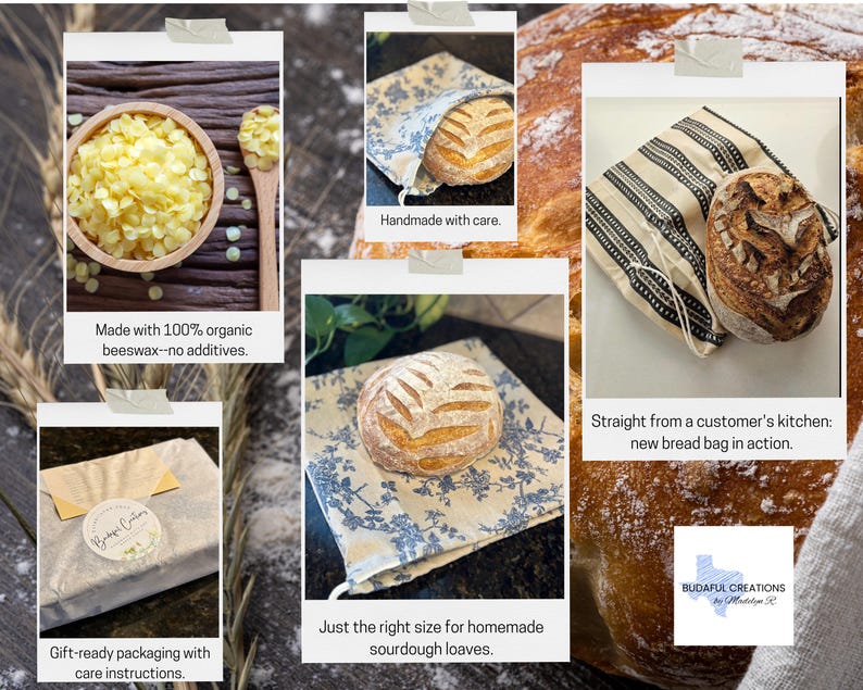 May include: A collection of fabric bread bags featuring blue floral and black striped patterns, shown with sourdough loaves. Includes yellow beeswax pellets in a wooden bowl, gift-ready packaging with a Budaful Creations label, and text overlays.