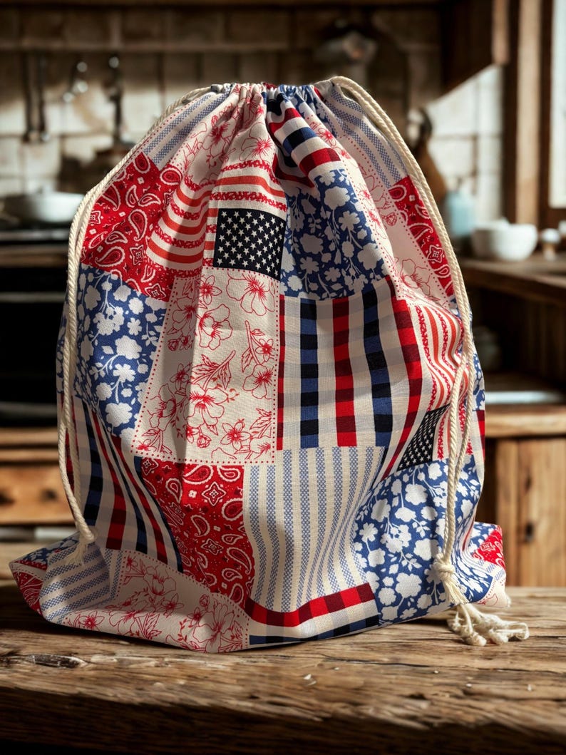 May include: A drawstring bag featuring a patchwork design with red, white, and blue patterns. The fabric displays various motifs including paisley, floral prints, stripes, checkered squares, and a section with white stars on a dark blue background.