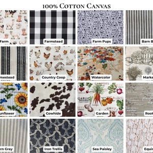 May include: A grid of sixteen fabric swatches labeled 100% Cotton Canvas, featuring various patterns including farm animals, black and white buffalo check, dog faces, blue stripes, sunflowers, cowhide, garden vegetables, and paisley designs.