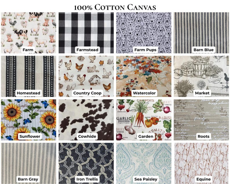 May include: A grid of sixteen fabric swatches labeled 100% Cotton Canvas, featuring various patterns including farm animals, black and white buffalo check, dog faces, blue stripes, sunflowers, cowhide, garden vegetables, and paisley designs.