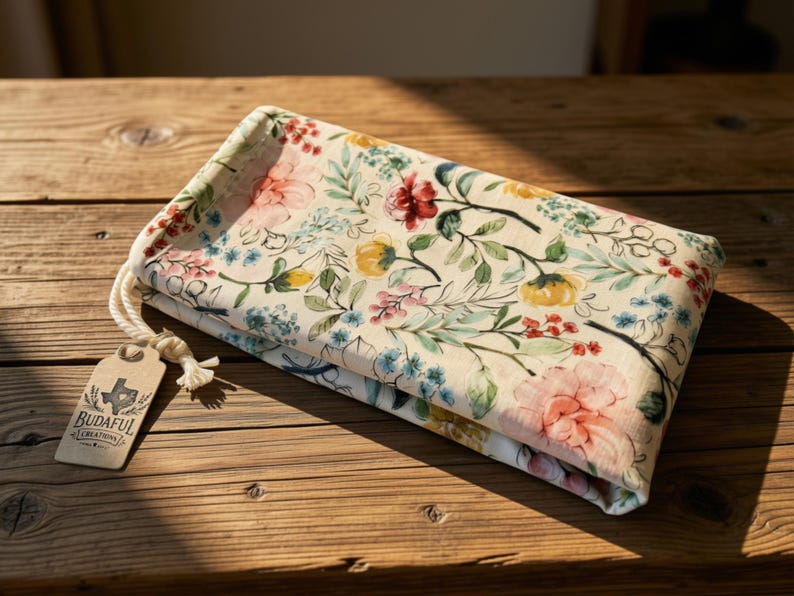 May include: A folded rectangular fabric pouch featuring a cream background with a colorful floral pattern of pink, yellow, and blue flowers and green leaves. A white rope drawstring is attached to a tan cardboard tag labeled BUDAFUL CREATIONS.