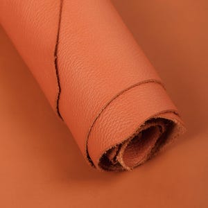 Puede incluir: Hoja de cuero naranja enrollada. El cuero tiene una superficie texturizada y un borde en bruto visible. El color es un tono cálido y terroso, con sutiles variaciones de sombra. El cuero parece flexible y de alta calidad, adecuado para la artesanía.