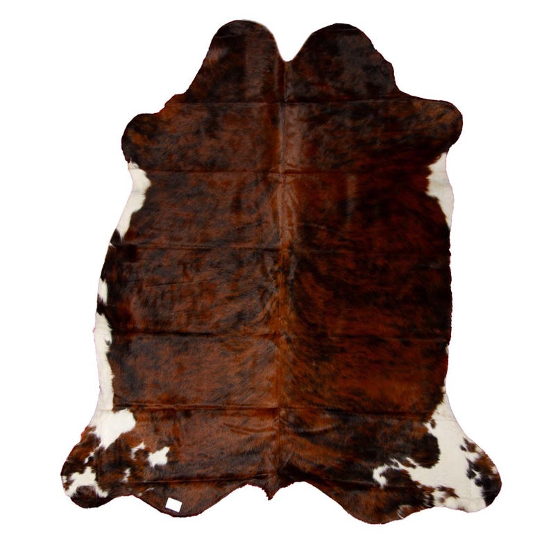 May include: A brown and white cowhide rug with a natural, rustic look. The hide is soft and supple, with a variety of shades of brown and white.