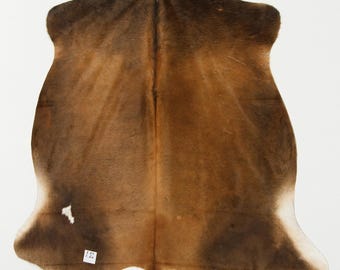 May include: A brown and tan cowhide rug with a natural shape. The rug has a dark brown border and a lighter brown center. A small white patch is visible near the bottom. The rug is a decorative floor covering.