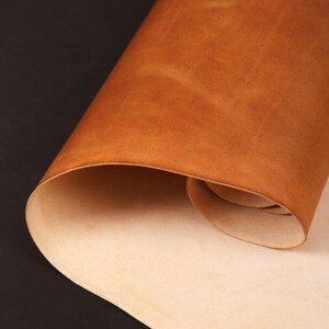 May include: A rolled sheet of tan leather with a smooth, textured surface. The leather is a warm, earthy tone, with a lighter, natural underside. The background is a dark, solid color.