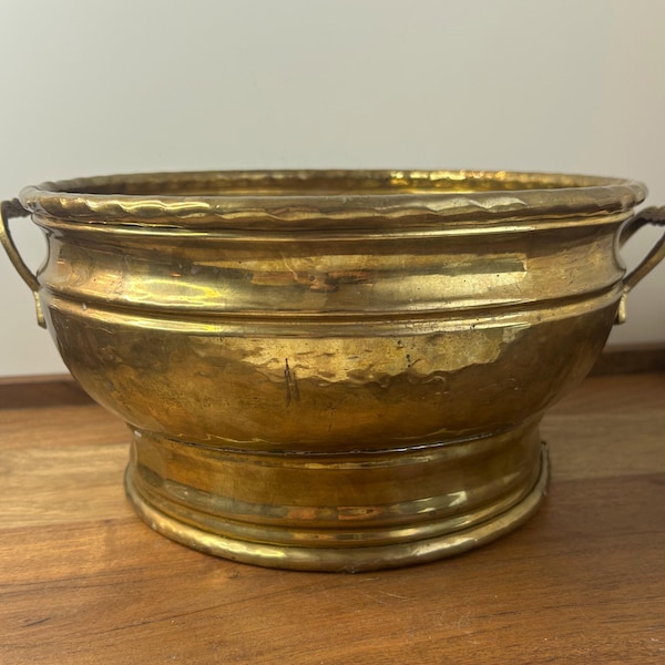 Vintage Brass Cauldron Planter | Vintage Brass Planter with Handles | Large Brass Bowl with Handles and Rich Patina