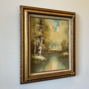 Vintage Framed Oil Painting: Tranquil River Landscape, Signed Art