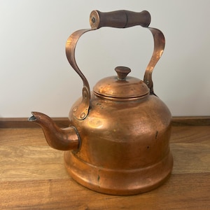 Vintage Copper Teapot with Wood Handle and Lid
